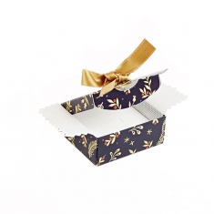 Glossy cardboard universal box with midnight blue and golden Festive pattern and gold satin ribbon